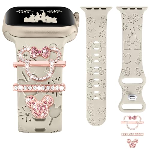 BEEXI Gravierte Armband Kompatibel mit Apple Watch Armband 41mm 40mm 42mm 38mm, Glitter Dekorative Charms Ring Cartoon Silikon Ersatzarmbänder für iWatch Serie 10/9/8/7/6/5/4/3/2/1/SE (mit Armband) von BEEXI