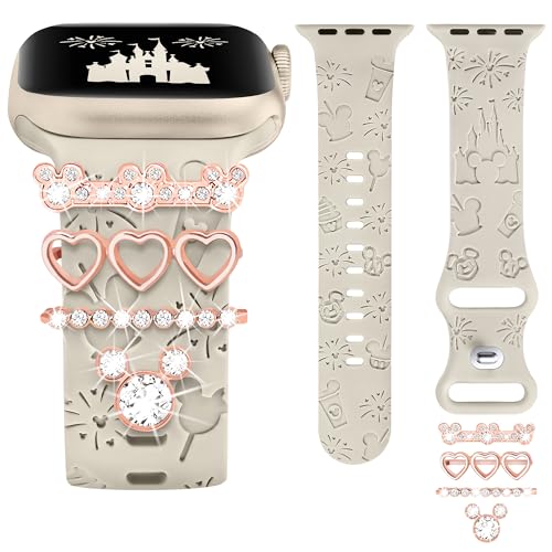 BEEXI Armband Charms Kompatibel mit Apple Watch Armband 49mm 45mm 44mm 42mm, Cartoon Gravierte Silikon Armbänder Glitter Dekorative Ring Ersatzarmbänder für iWatch Serie 9 8 7 6 5 4 3 2 SE Ultra 1/2 von BEEXI