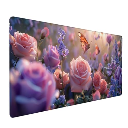 Gaming Mauspad Motiv, Mousepad XXL 1200 x 600 x 3 mm, Wetterfest Anti-Rutsch Schreibtisch Mouse Pad verbessert Präzision und Geschwindigkeit, Gaming Zubehör für Home Zimmer Deko Rose Schmetterling 2 2 von BEIJUYHU