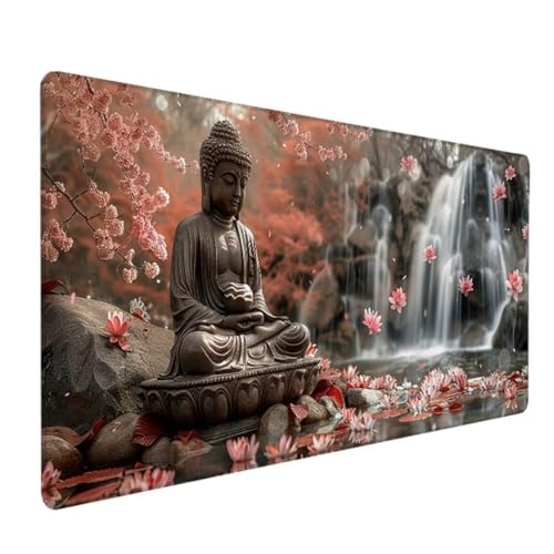 Gaming Mauspad Motiv, Mousepad XXL 1200x600x3 mm, Wetterfest Anti-Rutsch Schreibtisch Mouse Pad verbessert Präzision und Geschwindigkeit, Gaming Zubehör für Home Zimmer Deko Buddha Kirschblüten 3 5 von BEIJUYHU