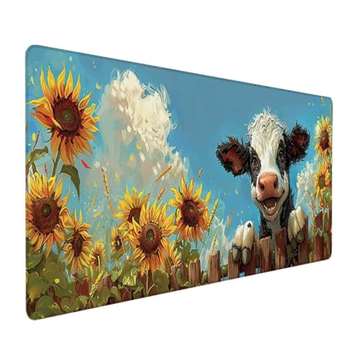 Gaming Mauspad Motiv, Mousepad XXL 1200x600x3 mm, Wetterfest Anti-Rutsch Schreibtisch Mouse Pad verbessert Präzision und Geschwindigkeit, Gaming Zubehör für Home Zimmer Deko Sonnenblume Milchkuh 0 P von BEIJUYHU