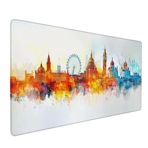 Gaming Mauspad XXL, Mousepad 1200x600x3mm, Fluid Art Mauspad groß Vernähte Kanten Wasserdicht Anti-Rutsch für PC, Laptop Verbessert Präzision und Geschwindigkeit - Gelb London 1-3 von BEIJUYHU