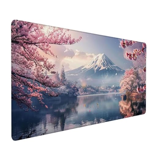 Mauspad aus Schaumstoff, Mousepad mit Rutschfester Unterseite, langlebige Polyesteroberfläche, aus 50% recyceltem Material, Maße: 1200 x 600 x 3 mm Berg Fuji Kirschblüten W - F von BEIJUYHU