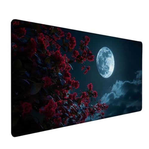 Schreibtischunterlage, Mauspad mit Leder und Rutchfeste Wildleder, Multifunktionales Office Mousepad Laptop Schreibunterlage, Tisch-Schutz Unterlage für Büro/Home 800 x 300 x 3 mm Mond Blume 6-1 von BEIJUYHU