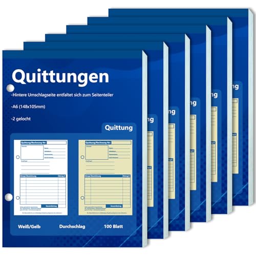 6 Stück A6 Quittungsblock Durchschreibend Rechnungsblock Kleinunternehmer 2 x 50 Blatt gelocht für Kleinunternehmer Vereine Selbständige von BEIMEIII