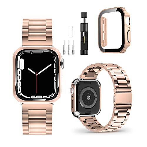 BELIYO Armband Kompatibel mit Apple Watch 9/8/7,Armband aus edelstahl und wasserdicht galvanisiertes schutzhülle für Apple Watch schutzhülle 41mm(41mm schutzhülle,Roségold) von BELIYO