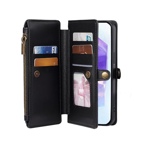 BELLA BEAR Google Pixel 9A Case [6 Kartenfächer] [Seitentasche mit Reißverschluss] [Fotofach] [Einstellbarer Schultergurt] [Kickstand] Wallet Case für Google Pixel 9A (Schwarz) von BELLA BEAR