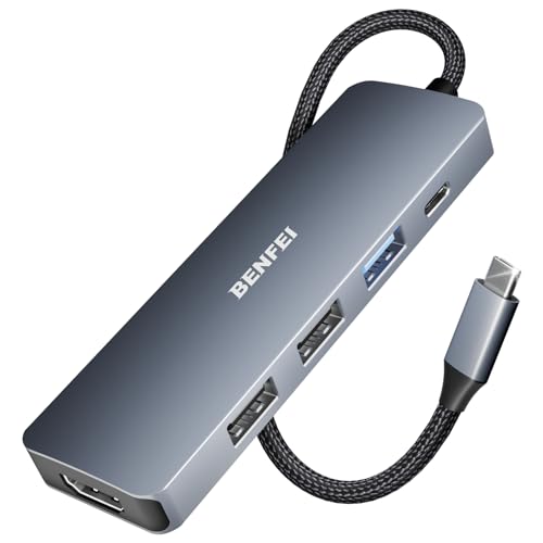 BENFEI USB C Hub 5in1, USB C Multiport Adapter mit 4K HDMI/PD 100W / 3*USB-A Datenports 5Gbps [Silikon/gewebtes Design, Aluminiumgehäuse] für MacBook Pro/Air, iPad Pro, iMac, iPhone 15 Serie, XPS von BENFEI