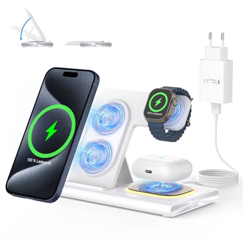 3 in 1 Ladestation für iPhone und Apple Watch Ladestation, Schnelles Kabelloses Induktive Ladegerät für iPhone 16 15 14 13 12 11 Pro Max Plus und Watch 9 Ultra 8 7 6 SE 5 iWatch, AirPod mit 18W Fast von BENSN