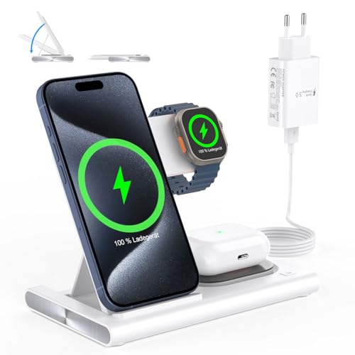 4 in 1 Ladegerät Ladestation für iPhone 15 14 13 12 11 Pro Max Mini, Faltbare Wireless Charging für Apple Watch Ultra 9 8 6 5 4, Induktive Kabelloses Stand für AirPod Pro 3 2 von BENSN