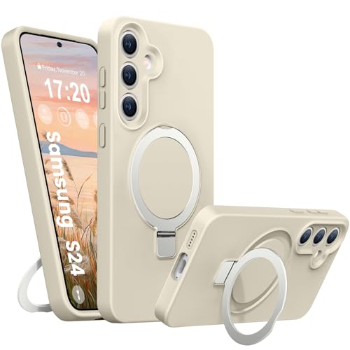 BENTIACC Liquid Silikon hülle für Samsung Galaxy S24, Magnetischer Robust Standring, [Upgraded Kameraschutz] 4-Layer stoßfeste Schutzhülle, Soft Mikrofaserfutter Kratzfes Schutzhülle (Beige) von BENTIACC