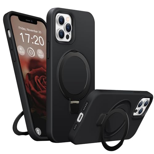 BENTIACC Liquid Silikon handyhülle für iPhone 12 pro max hülle, für Mag-Safe mit Unsichtbarem Ständer 4 Schichten stoßfeste Kratzfeste Schutzhülle für iPhone 12 pro max (Schwarz) von BENTIACC