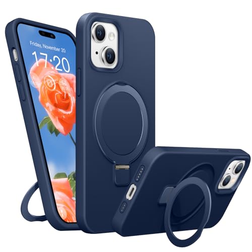 BENTIACC Liquid Silikon handyhülle für iPhone 15 hülle, für Mag-Safe mit Unsichtbarem Ständer 4 Schichten stoßfeste Kratzfeste Schutzhülle für iPhone 15 (Navy Blau) von BENTIACC