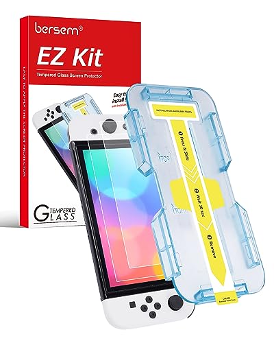 BERSEM 2 Stück Schutzfolie aus gehärtetem Glas Kompatibel mit Nintendo Switch OLED 7 Zoll 2021, Automatische Ausrichtung Bausatz/9H Härte/Transparent HD Klar/Anti-Kratzer/Hohe Reaktion von BERSEM