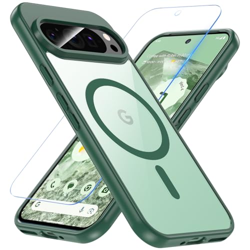 BESINPO Magnetisch Für Google Pixel 9 Hülle/Google Pixel 9 Pro Hülle mit Panzerglas Glas Schutzfolie, Stoßfest Militärschutz Handyhülle Schutzhülle Case Cover für Google Pixel 9/Pixel 9 Pro (Grün) von BESINPO