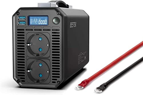 BESTEK 1000W Reiner Sinus KFZ Wechselrichter DC 12v auf AC 230v, Spannungswandler 12v 230v mit 2 AC Steckdose & 2 USB Port Stromwandler mit LCD-Display 4 Sicherungen 1 Paar Batterieklemmen von BESTEK