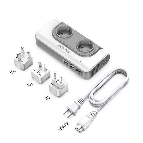 BESTEK 200W Spannungswandler mit 4 USB Reiseladegerät 110v auf 230v Reiseadapter Stromwandler mit austauschbare UK, EU, AU Reisestecker für Reisen nach USA, JAP, KAN, AUS, China,Thailand weiß von BESTEK