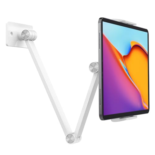 BEWISER Tablet-Wandhalterung, Smartphone-Halterung für Bett, verstellbar, um 360 Grad drehbar, Aluminiumlegierung, kompatibel mit 4,7–12,9 Zoll Pad, Handy, Kindle Fire, Galaxy Tab, Weiß von BEWISER