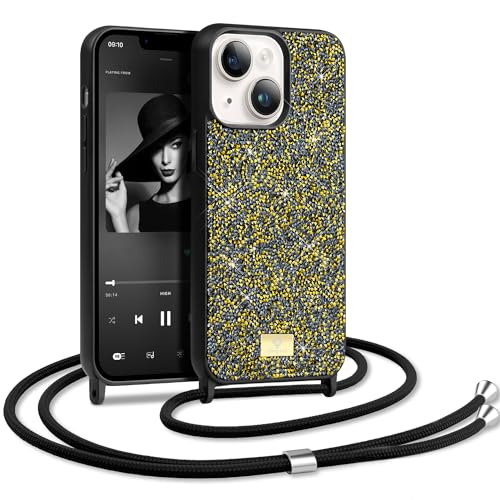 BEZ Handyhülle für iPhone 13 Hülle mit Band, iPhone 13 Hülle Glitzer, Sparkle Diamond Crystal Bling Hülle mit Bling & Co. Serie Kompatibel für iPhone 13, Bernstein Gold von BEZ