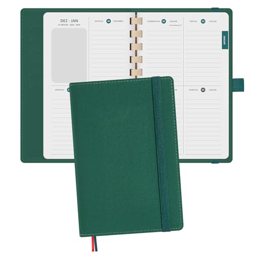 BEZEND Taschenkalender 2025 Klein [auf Deutsch] ca.A6 16 x 10 cm, Kalender 2025 Klein Ringbuch mit Softcover & Abnehmbares Papier, Terminplaner 1 Woche 2 Seite mit Kartenschlitz, Waldgrün von BEZEND