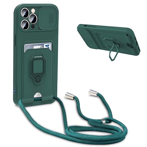 BGHHEU Handykette Schutzhülle kompatibel mit iPhone 13 Handyhülle mit Band,Schiebe Kameraschutz,360 Grad Ringhalter Stand,Kartenfach,Verstellbarer Halskette Silikon hülle - Dunkel Grün von BGHHEU