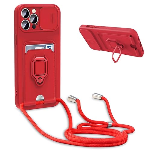 BGHHEU Handykette Schutzhülle kompatibel mit iPhone 13 Pro Handyhülle mit Band,Schiebe Kameraschutz,360 Grad Ringhalter Stand,Kartenfach,Verstellbarer Halskette Silikon hülle - Rot von BGHHEU