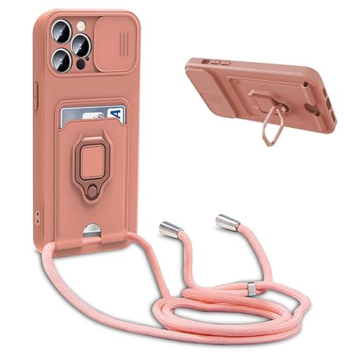 BGHHEU Handykette Schutzhülle kompatibel mit iPhone 14 Pro Max Handyhülle mit Band,Schiebe Kameraschutz,360 Grad Ringhalter Stand,Kartenfach,Verstellbarer Halskette Silikon hülle - Pink von BGHHEU