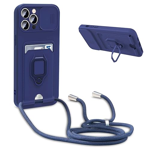 Handykette Schutzhülle kompatibel mit iPhone 13 Handyhülle mit Band,Schiebe Kameraschutz,360 Grad Ringhalter Stand,Kartenfach,Verstellbarer Halskette Silikon hülle - Blau von BGHHEU