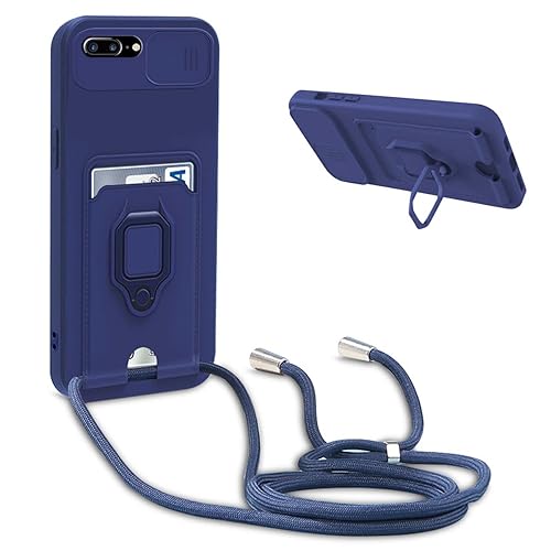 Handykette Schutzhülle kompatibel mit iPhone 8 Plus/7 Plus/6 Plus Handyhülle mit Band,Schiebe Kameraschutz,360 Grad Ringhalter Stand,Kartenfach,Verstellbarer Halskette Silikon hülle - Blau von BGHHEU