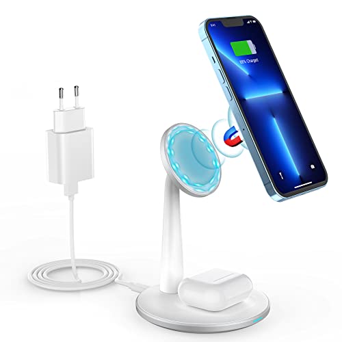 Wireless Charger, Induktive Ladestation, 2 in 1 Magnetic Ständer, Kabellose Ladepad Ladeständer Kompatibel mit Mag-Safe Ladegerät, iPhone 14 13 12/ Pro/Pro Max/AirPods 2/3/Pro, mit Fast QC3.0 Adapter von BHHB