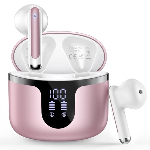 BHNYBWUL Bluetooth Kopfhörer, Kopfhörer Kabellos Bluetooth 5.3 Stereo mit 4 HD Mikrofonen, ENC Kopfhörer mit Geräuschunterdrückung, 42 Stunden LED Anzeige, IP7 wasserdichte Ohrhörer, Roségold von BHNYBWUL