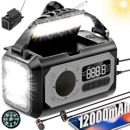 12000mAh Kurbelradio mit Handyladefunktion Solar,2 Sonnenkollektoren,AM/FM Radio Kurbel Notfall,3 Lademethoden 7 in 1 Tragbares Notfallradio,SOS,Taschenlampe,Kopfhöreranschluss,Kompass,Leselampe von BIAOQINBO