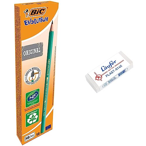 BIC Bleistift Evolution Original 650 HB, Schachtel à 12 Stück, grün & Läufer 00140 Plast 0140 Radierer, Radiergummi aus Kunststoff, für Bleistifte und Buntstifte, transparent von BIC