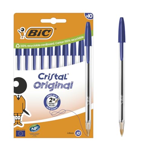 BIC Cristal Original Kugelschreiber mit mittlerer Spitze (1,00 mm), sechseckigem Schaft und passender Kappe – Blau, Kartonschachtel à 10 von BIC