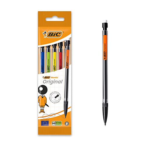 BIC Druckbleistift Matic, 0.7 mm, HB, sortierte Clipfarben, inklusive 3 Minen, Beutel à 5 Stück, schwarz von BIC