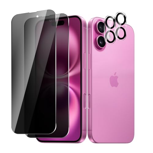 BIESHKJ 2+2 Stück, Sichtschutz Schutzfolie für iPhone 16, 2 Stück Anti-Spy Panzer Schutz Glas + 2 Stück Kameraschutz, HD-Hartglasfolie, 9h-Härte, kratzfest, Blasenfrei von BIESHKJ