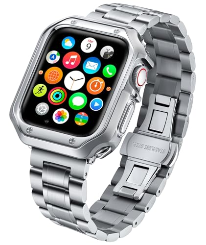 BINLUN Kompatibel mit Apple Watch Armband 41mm 40mm 38mm Edelstahlarmband für Apple Watch Gehäuse mit Metall Ersatzband für iWatch Herren Damen(TPU Hülle Silber, Silber) von BINLUN