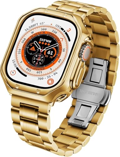 BINLUN Kompatibel mit Apple Watch Armband 49mm Edelstahlarmband für Apple Watch Gehäuse mit Metall Ersatzband für iWatch Ultra/Ultra 2 Herren Damen(TPU Hülle Golden, Golden) von BINLUN