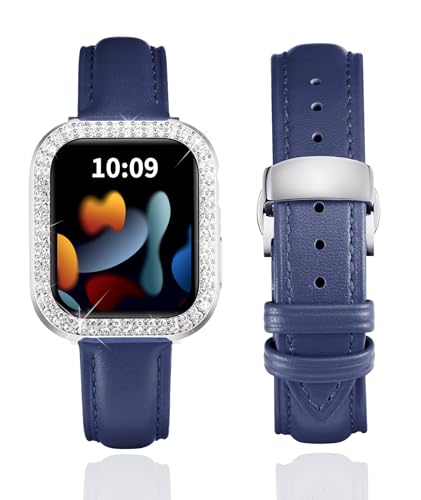 BINLUN Lederarmband kompatibel mit Apple Watch Armband 40mm 41mm Echtleder Ersatzband mit Doppelte Diamanten Harter PC Schutzhülle für iWatch Serie 9/8/7/6/5/4/SE/SE2 für Damen(40mm,Blau-Silber) von BINLUN