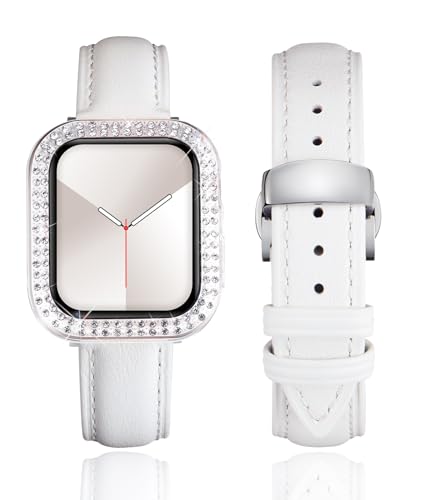 BINLUN Lederarmband kompatibel mit Apple Watch Armband 40mm 41mm Echtleder Ersatzband mit Doppelte Diamanten Harter PC Schutzhülle für iWatch Serie 9/8/7/6/5/4/SE/SE2 für Damen(40mm,Weiß-Transparent) von BINLUN