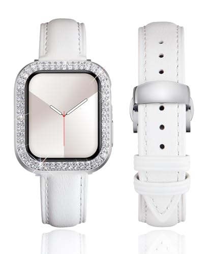 BINLUN Lederarmband kompatibel mit Apple Watch Armband 40mm 41mm Echtleder Ersatzband mit Doppelte Diamanten Harter PC Schutzhülle für iWatch Serie 9/8/7/6/5/4/SE/SE2 für Damen(40mm,Weiß-Silber) von BINLUN