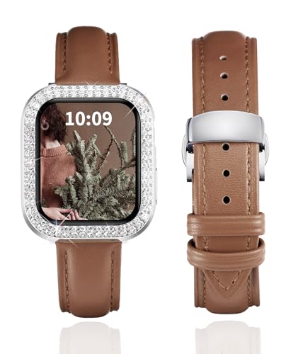 BINLUN Lederarmband kompatibel mit Apple Watch Armband 40mm 41mm Echtleder Ersatzband mit Doppelte Diamanten Harter PC Schutzhülle für iWatch Serie 9/8/7/6/5/4/SE/SE2 für Damen(41mm,Braun-Silber) von BINLUN