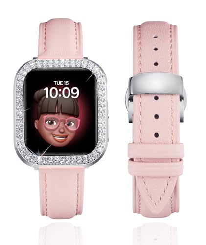 BINLUN Lederarmband kompatibel mit Apple Watch Armband 40mm 41mm Echtleder Ersatzband mit Doppelte Diamanten Harter PC Schutzhülle für iWatch Serie 9/8/7/6/5/4/SE/SE2 für Damen(41mm,Rosa-Silber) von BINLUN
