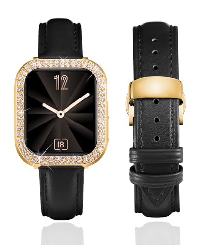 BINLUN Lederarmband kompatibel mit Apple Watch Armband 40mm 41mm Echtleder Ersatzband mit Doppelte Diamanten Harter PC Schutzhülle für iWatch Serie 9/8/7/6/5/4/SE/SE2 für Damen(41mm,Schwarz-Gold) von BINLUN