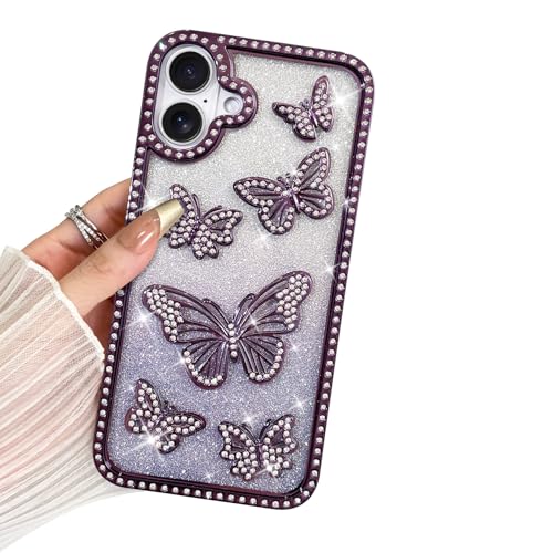 BITOBE Entworfen für iPhone 16 Plus, niedliche 3D-Schmetterlings-Hülle, schlanke Beschichtung, Glitzer, Luxus-Strass-Abdeckung für Frauen und Mädchen, Plustektiv-Kamera-Stopper, 17 cm, Violett von BITOBE