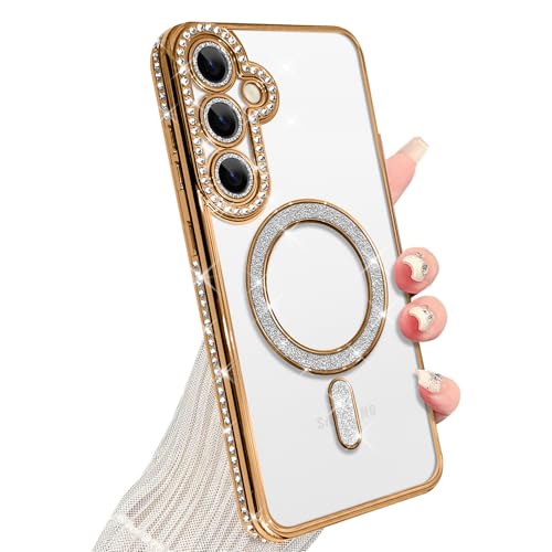 BITOBE Magnetische Hülle für Samsung Galaxy S25 Plus, Plating Clear Glitter Diamond Case für Frauen Mädchen [mit Kameralinsenschutz] Weiche TPU Bumper Cute Slim Schutzhülle - Gold von BITOBE