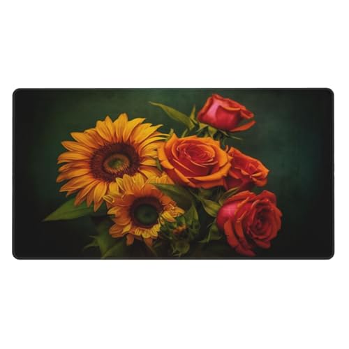 Großes Mauspad mit Sonnenblume und Rose, Gaming-Mauspad, 40 cm x 75 cm x 0,3 cm, rutschfeste Gummi-Schreibtischunterlage für Gaming und Büro von BKTRAVERPT