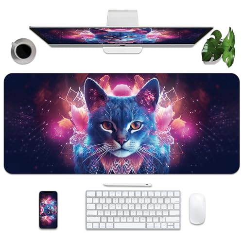 BLESWIN Große Mauspad, Schreibtisch-Matte für Desktop, PU-Leder wasserdicht Gaming, Computer PC Laptop Protector Schreibunterlagen für Schule, Büro, Haus (35,4 „x 15,7“, Katze) von BLESWIN