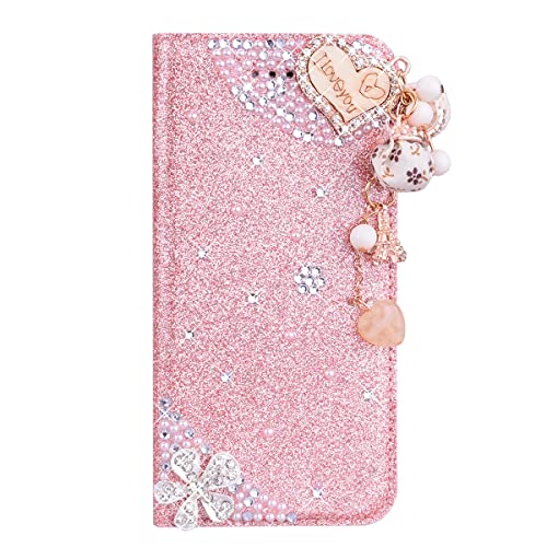 3D Glitter PU Leather für Samsung Galaxy S25 Plus Handyhülle Roségold Etui Flip Cover Handytasche Wallet Tasche Pocket Schale Magnetverschluss Schutzhülle Stand Card Slot Shell Liebesanhänger von BLOTECH