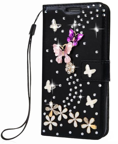 Hülle für Honor 200 Smart 5G Beutel Flip Case 3D Rhinestone Glitzer Handyhülle Brieftasche PU Handytaschen Etui Schutzhülle Schwarzes Ledertasche Schmetterlinge für Honor 200 Smart 5G Schützend von BLOTECH